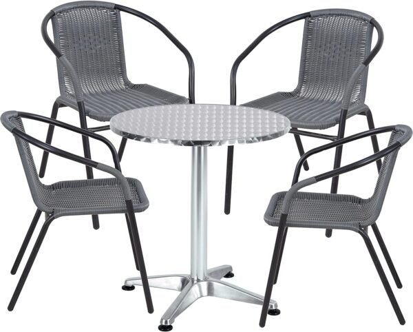 BTEXPERT Indoor Outdoor 23.75" Round Restaurant Table Stainless Steel Silver Aluminum + 4 Gray Restaurant Rattan Stack Chairs Commercial Lightweight