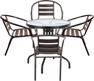 BTEXPERT Indoor Outdoor 23.75" Tempered Glass Black Restaurant Metal Aluminum Slat Stack Commercial Lightweight, 4 Chairs with a Round Table, Clear/Bronze