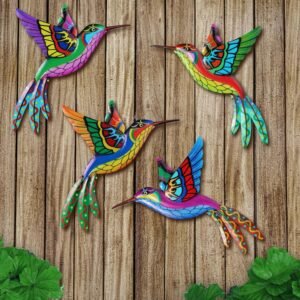 BUARO8AGA 4 Pack Metal Hummingbird Wall Decor, 3D Colorful Birds Wall Art Sculpture with Two Hooks Outdoor Indoor Decoration Hanging for Living Room Bedroom Balcony Patio Fence Yard, Home Decor Gift