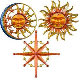 BVLFOOK Sun Moon Star Metal Wall Art, Glass Sun Face Weird Decor, Set of 3, Indoor Outdoor Wall Decor for Patio Garden Balcony Porch Yard, Farmhouse Bedroom Living Room Wall Decorations