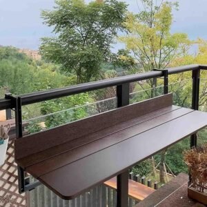 Balcony Bar Table For Railings, Hanging Half Tables, Wall-Mounted Outdoor Folding Deck Railing Side Table, 5-Adjustable Height Portable Floating Shelves Balcony Hanging Table (Brown 120*37Cm)