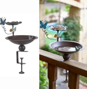 Balcony Bird Feeder for Deck Railing, 2 in 1 Deck Mounted Bird Bath Railing Bird Feeder with Vivid Butterfly Decor, Metal Bird Bath for Outdoors Porch Patio Garden