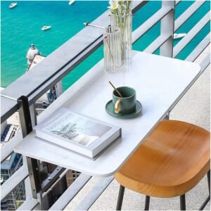 Balcony Railing Table Outdoor Folding Hanging Table 3 Height Adjustable White Balcony Bar Table for Railings Waterproof Sun Protection Suitable for Patio Balcony and Deck/Black Stand/100 * 3