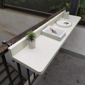 Balcony Railing Table, Outdoor Side Tables, Adjustable Deck Patio Garden Table, Computer Dining Room Bar Counter Table, White