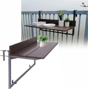 Balcony Table Bar for Railing, Folding Rail Table, Outdoor Deck Rail Hanging Table, Adjustable Height Small Folding Desk for Patio, Saving Space Foldable Balcony Bar for Garden ( Color : Brown , Size