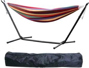 Basics Double Hammock with Space Saving Metal Stand, Indoor Hammock Stand with Carrying Bag, Strong Load-Bearing, Striped Print Red