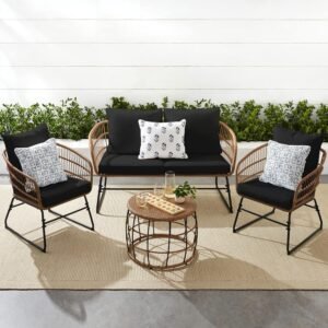 Best Choice Products 4-Piece Outdoor Rope Wicker Patio Conversation Set, Modern Contemporary Furniture for Backyard, Balcony, Porch w/Loveseat, Plush Cushions, Coffee Table, Steel Frame - Black