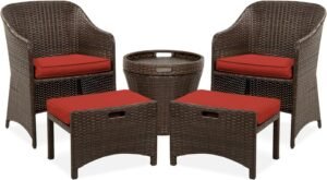 Best Choice Products 5-Piece Outdoor Patio Furniture Set, No Assembly Required Wicker Conversation Bistro & Storage Table for Backyard, Porch, Balcony w/Space-Saving Design - Brown/Red