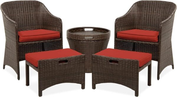 Best Choice Products 5-Piece Outdoor Patio Furniture Set, No Assembly Required Wicker Conversation Bistro & Storage Table for Backyard, Porch, Balcony w/Space-Saving Design - Brown/Red