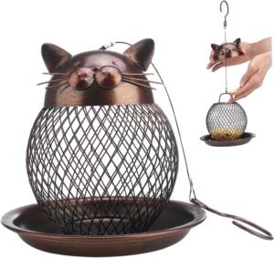 Bird Feeder Squirrel Proof Hanging Bird Feeder Cat Shape Bird Feeder with Iron Mesh and Tray Vintage Decorative Wild Bird Feeders for Garden Balcony Yard 6.3x7.1inch.