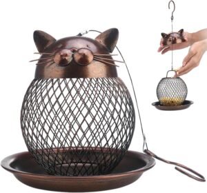 Bird Feeder Squirrel Proof Hanging Bird Feeder Cat Shape Birdfeeder with Iron Mesh and Tray Vintage Decorative 6.3x7.1inch Wild Bird Feeders for Garden Balcony Yard, Hanging Bird Feeder