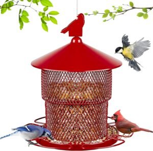 Bird Feeders Squirrel Proof for Outside Hanging, Weatherproof Cardinal Bird Feeder Squirrel Proof, Large Metal Bird Feeder for Cardinal, Finch, Sparrow, Chickadee, Blue Jay etc (Red)