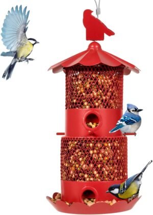 Bird Feeders for Outside ，Metal Bird Feeder Hanging Squirrel Proof Bird Feeders 2 Tier Retractable Feeder for Cardinal Retractable 5.5 lbs Large Seed Capacity(Red)