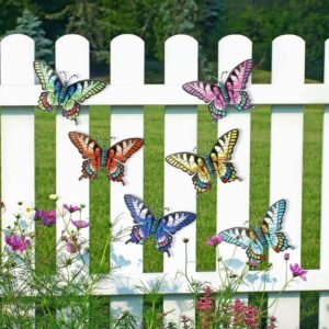 Biupky 6 Pcs 7.28" Colorful Metal Butterfly Wall Decor, Butterfly Decorations for Outdoor Fence Decoration Garden Yard Living Room Bedroom Patio Balcony Wall Art Decor