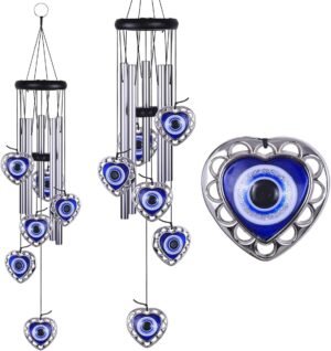 Blue Evil Eye Heart-Shaped Wind Chimes Outdoor Decor, Mobile Evil Eye Windcatcher, Heart Evil Eye Wind Bells, Blue Evil Eye Amulet Wind Chimes for Home, Gift for Mom, Balcony, Patio, Garden Decoration