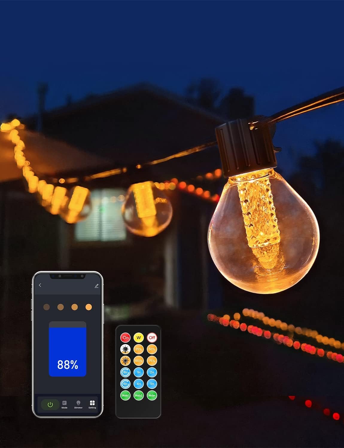 Bluetooth Outdoor String Lights, 25Ft G40 Dimmable Led Patio Lights, Bluetooth Outdoor String Lights, 25Ft G40 Dimmable Led Patio Lights, App Control, 3 Modes, 25 Plastic Bulbs, Waterproof Connectable Hanging Christmas Lights for Backyard Porch Balcony Party Xmas Decor