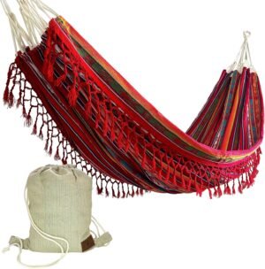 Boho Classic Hammock with Tassel, Handmade, Weather-Resistant, Hammock for Indoor & Outdoor, Lightweight Durable - for Patio, Porch, Backyard Lounging (Inti Red)