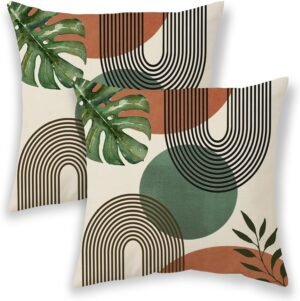 Boho Summer Pillow Covers 18x18 Inch 2 Pcs, Burnt Orange Green and Leaf Outdor Decorative Throw Pillows, Mid Century Abstract Farmhouse Decor Pillowcase Linen Cushion Cover for Couch Sofa