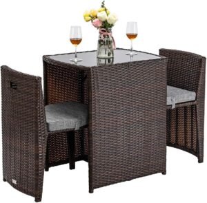 Bonnlo 3 PCS Wicker Outdoor Patio Bistro Set, Patio Furniture Set for Small Space with Glass Top Table Dining Chairs, Balcony Furniture Patio Table and Chairs Set of 2 for Garden Yard Porch