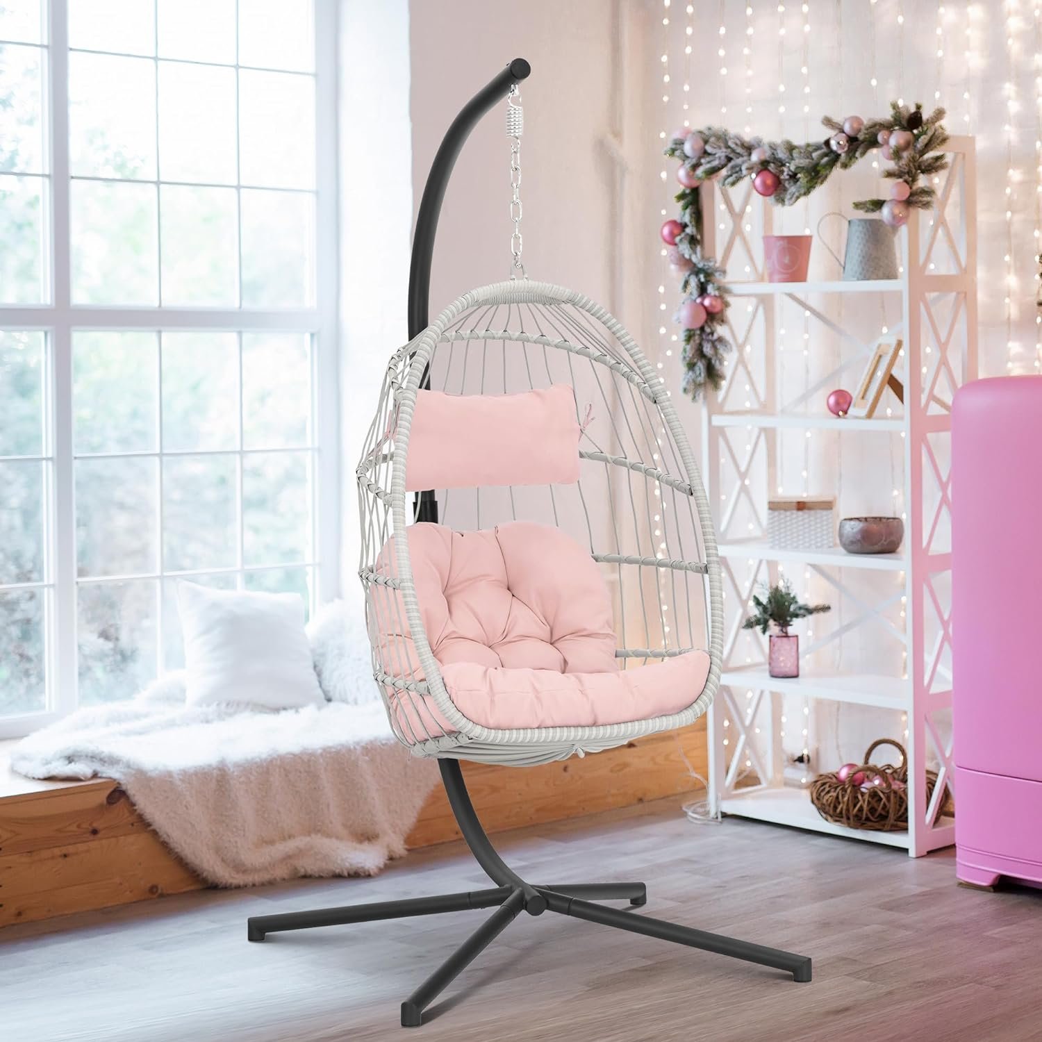Brafab Pink Egg Chair with Stand Indoor Outdoor Swing Egg Brafab Pink Egg Chair with Stand Indoor Outdoor Swing Egg Chair, Patio Wicker Hanging Chair with Stand Hammock Egg Chairs with UV Resistant Cushion and Aluminum Steel Frame for Bedroom Balcony Garden