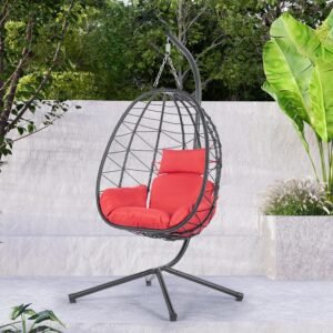 Brafab Swing Egg Chair with Stand, Hanging Wicker Hammock Chair with Aluminum Steel Frame and UV Resistant Waterproof Cushion, for Indoor Outdoor Bedroom Patio Balcony Backyard, 37.4"x37.4"x77", Red