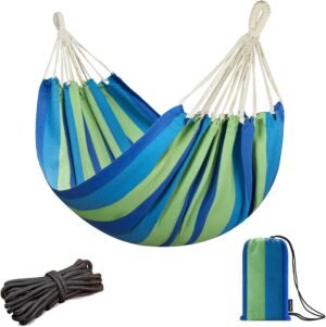 Brazilian Hammock for Single Preson Portable Hammock with Hanging Ropes & Carry Bag Large 78.8x39.4” Cotton Hammock for Patio 300LBS Capacity Perfect for Outdoor/Indoor - Blue Stripes