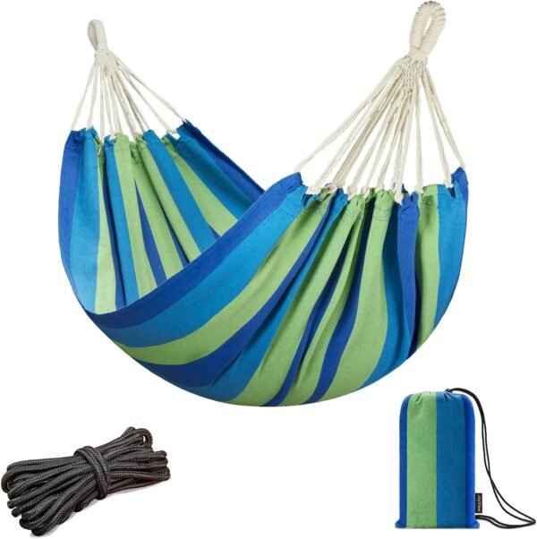 Brazilian Hammock for Single Preson Portable Hammock with Hanging Ropes & Carry Bag Large 78.8x39.4” Cotton Hammock for Patio 300LBS Capacity Perfect for Outdoor/Indoor - Blue Stripes