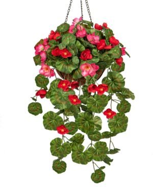 Briful 27 ⅝’’ Geraniums Fake Flowers Hanging Basket Outdoor, Silk Summer Vine Faux Flowers, Begonia Artificial Flowers, 5 ⅞’’ Coconut Basket, for Home Farmhouse Balcony Indoor Patio Garden Decor