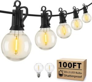 Brightown Outdoor String Lights, 100 Ft LED Patio Lights with 50 Shatterproof Bulbs, Waterproof Balcony Lights for Outside Yard Porch Bistro Pergola Wedding Cafe Market Lights