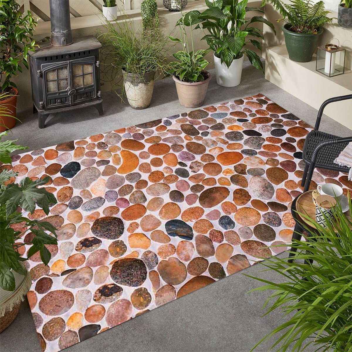 Brown 2x3 Stone Printed Indoor Outdoor Rug Boho 3D Visual Brown 2x3 Stone Printed Indoor Outdoor Rug Boho 3D Visual Beach Theme Area Rug for Deck Porch Balcony Patio Waterproof Non Skid Floor Carpet Art Deco Washable Bathmat