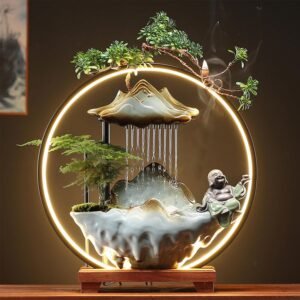 Buddha Fountain Indoor Tabletop Water Fountain Indoor Waterfall with LED Light Pump Mist Incense Burner Waterfall Zen Decor for Meditation Relaxation, Purification, Meditation, Yoga Gift (01)