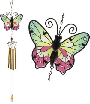 Butterfly Wind Chimes for Home Garden Decor. Beautiful Butterflies Stained Glass Style for Porch/Patio/Home Garden/Balcony. Beautiful Butterfly Chimes for Outdoors Decorations, Green Butterfly