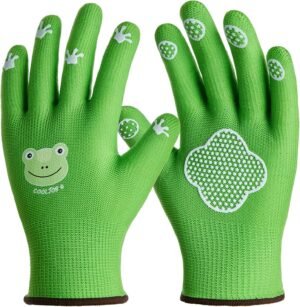 COOLJOB Breathable Toddler Work Gloves for Gardening Boy Girl Ages 2-4 Small, 100% Jersey Nylon Kids Garden Gloves with Grip, Children Yard Gloves for Digging Weeding Landscaping, Green Frog, 1 Pair