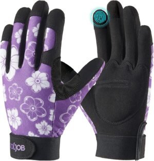 COOLJOB Medium Gardening Gloves for Women, Thorn Proof Ladies Work Gloves for Rose Pruning, Cactus Handling, Blackberry Bush Planting, Puncture Resistant Anti-Slip Flexible, 1 Pair M Floral Purple