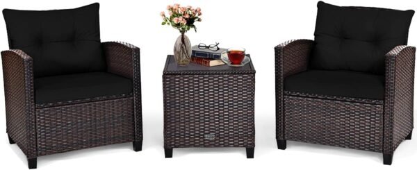 COSTWAY 3PCS Patio Furniture Set, PE Rattan Wicker Sofa w/Washable Cushion and Coffee Table, Tempered Glass Tabletop, Outdoor Conversation Set for Balcony, Porch, Yard, Backyard, Lawn, Black