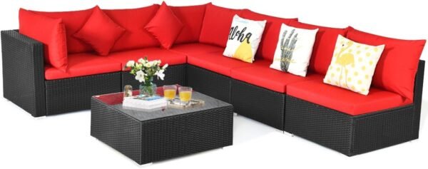 COSTWAY 7 Pieces Patio Furniture Set, Outdoor Rattan Conversation Set with 6 Seats, Coffee Tea Table, Soft Cushions, Wicker Patio Sectional Sofa for Garden Balcony Porch Poolside, Red