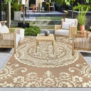 Capslpad Boho Floral Outdoor Rug 5x8 Reversible Mat Waterproof Plastic Straw Rug Outside Carpet for Patio Camping Rv Picnic Backyard Deck Balcony Porch Beach,Beige