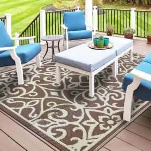 Capslpad Floral Outdoor Patio Rug 4'x6' Outdoor Rug Waterproof Plastic Straw Rug Portable Reversible Mat w/Carry Bag Indoor Outdoor Area Rug for Porch Backyard Balcony Beach Picnic Tent BBQ