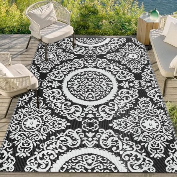 Capslpad Outdoor Rug 4'x6' Outdoor Patio Rug Waterproof Plastic Straw Rug Reversible Mat Floral Outside Area Rug for Picnic Porch Backyard Balcony Beach Tent Camping Terrace Garden Decor,Black