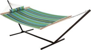 Castaway Living Best Space Saving Quilted Hammock with Stand & Pillow Combo for Apartment Living, Designed in The USA, Perfect for Terraces, Decks, Patios, Porches or Any Space - Blue/Green Stripe