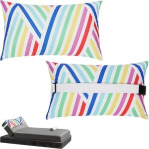 Chaise Head Rest Pillows Set of 2, Waterproof Outdoor Lounge Pillow Lumbar Pillows with Insert and Adjustable Elastic Strap Decorative Pillows for Patio Beach Pool Chair, Colorful Stripe