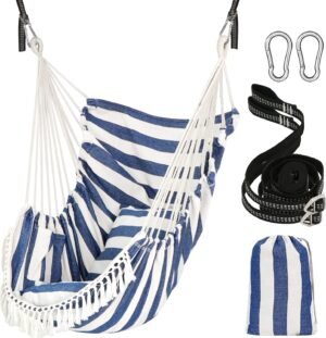 Chihee Hammock Chair Hanging Swing 2 Pillows Included,Strong Webbing Straps and Hooks for Easy Hanging Soft Cotton Hanging Chair Side Pocket Tassel Chair Comfort Indoor Outdoor Blue White