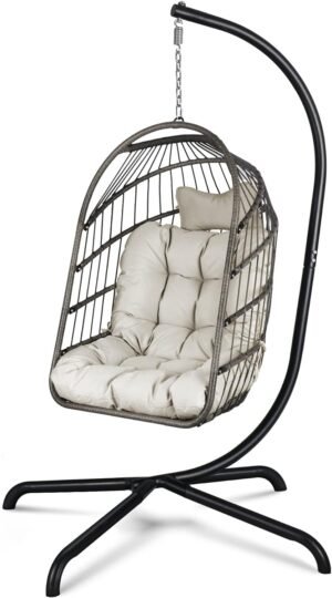 Chihee Swing Egg Chair with Stand and Cushion Foldable Wicker Rattan Patio Basket Hanging Chair Swing Chair Indoor Outdoor Lounging Chair Hammock Chair 330 lbs Capacity Balcony Porch Bedroom Garden