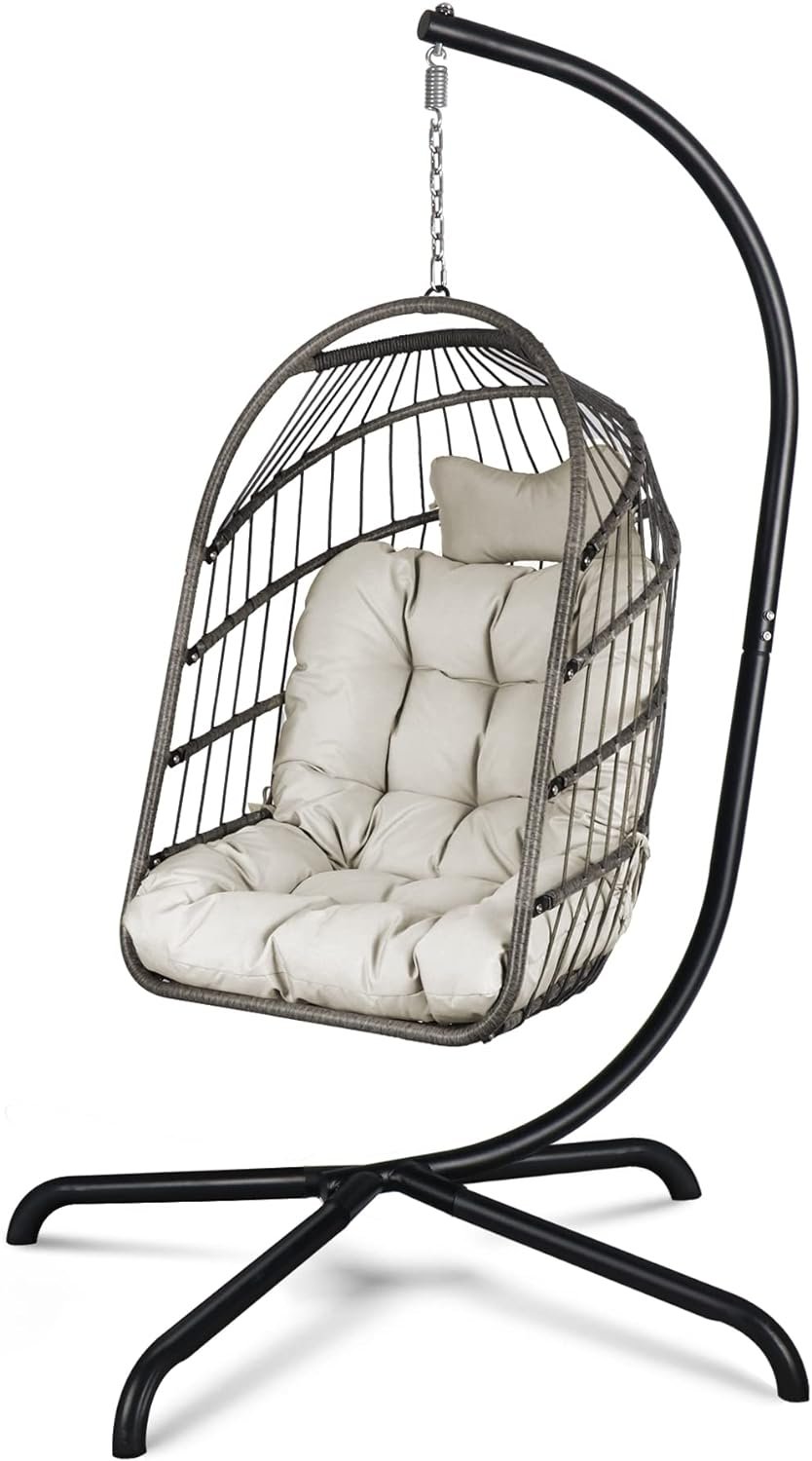 Chihee Swing Egg Chair with Stand and Cushion Foldable Wicker Chihee Swing Egg Chair with Stand and Cushion Foldable Wicker Rattan Patio Basket Hanging Chair Swing Chair Indoor Outdoor Lounging Chair Hammock Chair 330 lbs Capacity Balcony Porch Bedroom Garden