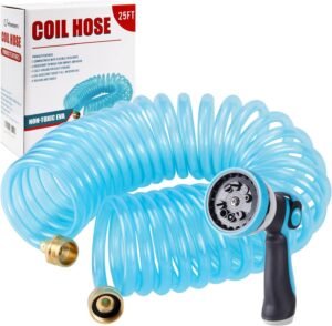 Coil Garden Hose 25FT, EVA Recoil Garden Hose, Transparent Self-coiling Water Hose with 3/4" Brass Connector Fittings with 10 Function Spray Nozzle, Blue