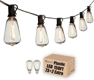 DAMAING Outdoor String Lights 150 FT Patio Lights String with 75 Dimmable ST38 Plastic LED Bulbs,Vintage Shatterproof Edison String Lights Waterproof for Bistro Balcony Backyard and Gazobos.