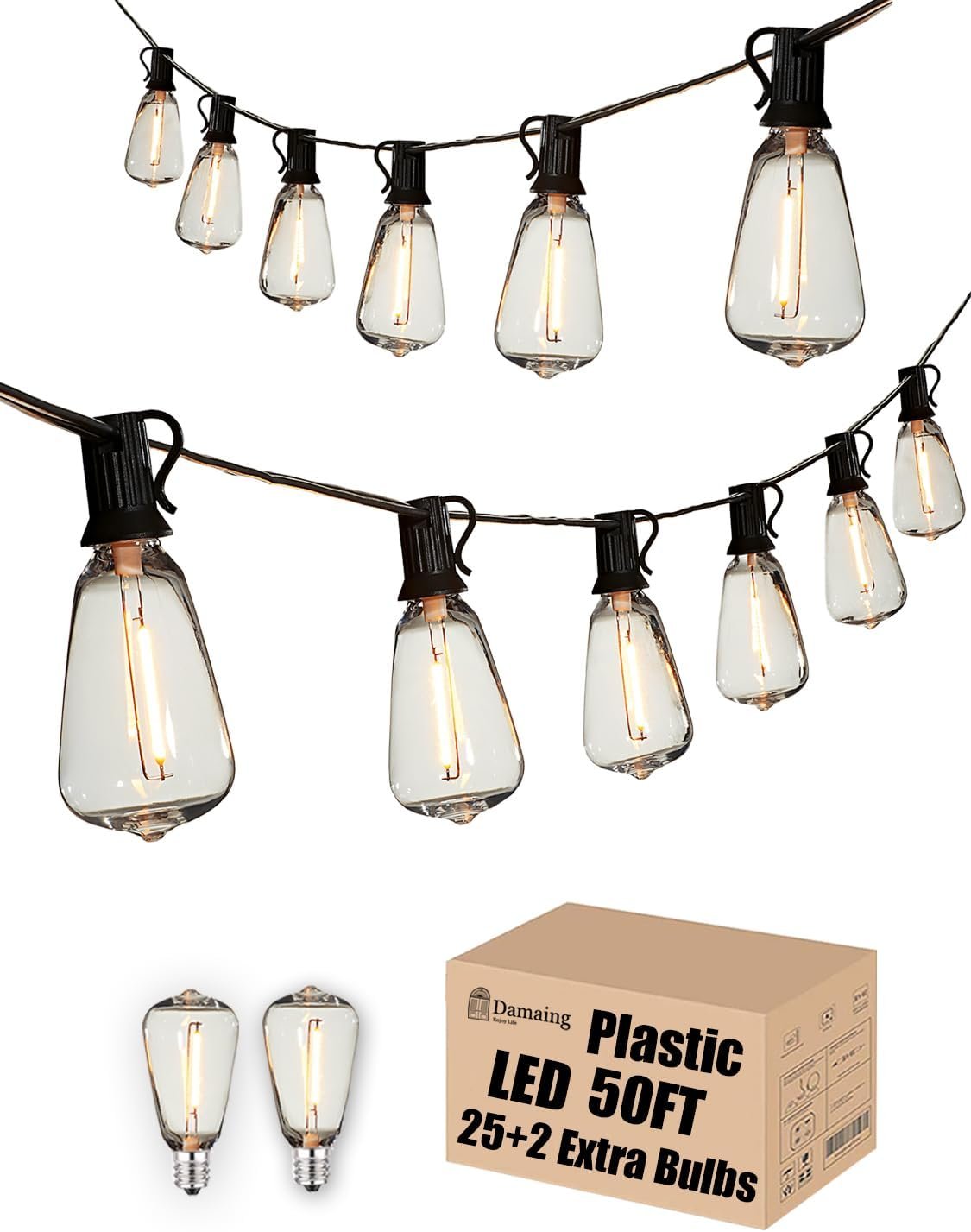 DAMAING Outdoor String Lights LED 50Ft Waterproof Patio Lights with DAMAING Outdoor String Lights LED 50Ft Waterproof Patio Lights with 27 Vintage Shatterproof LED Edison Bulbs,Outside Lighting Connectable Hanging Lights for Backyard Gazebo Balcony,1 Pack x 50Ft