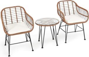 DORTALA 3 Piece Patio Bistro Set, Outdoor Wicker Furniture with Round Tempered Glass Top Table & 2 Rattan Armchairs, Cushions, Conversation Set for Porch, Backyard, Garden, White