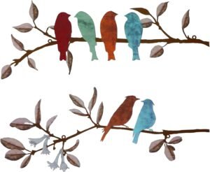 DUZYXI 2 Pieces Metal Birds Wall Art Decor on Branch Metal Silhouette Sculpture Colorful Leaves With Birds Wall Decor Metal Art Wall Decor for Home Garden Balcony Indoor Outdoor Decor -Colorful