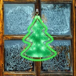 Dailyart Lighted Window Decorations with Timer Battery Operated Green Lighted Tree Shaped Hanging Decor Indoor for Home, Office, Door, Wall, Balcony, Apartment